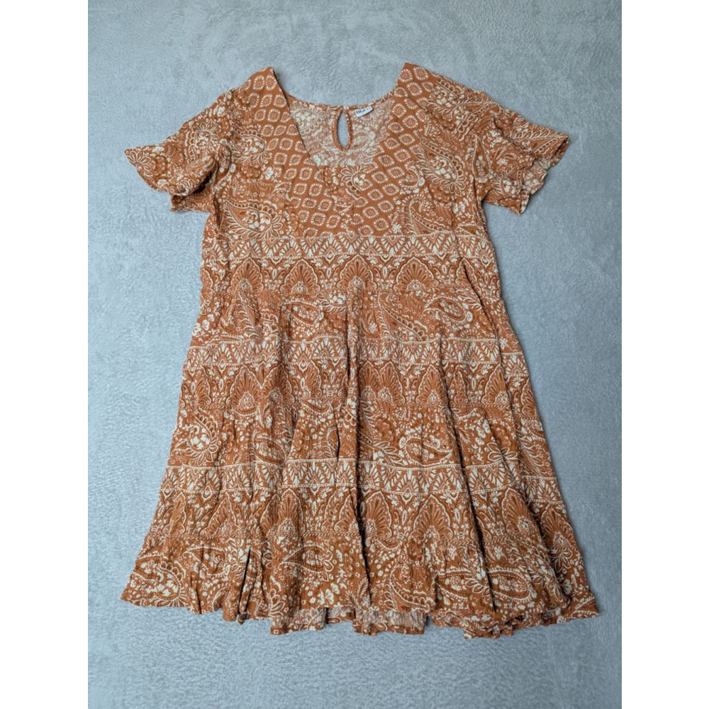 Bila-77 Dress Women's L Rust Cream Paisley Tiered Mini Boho Peasant